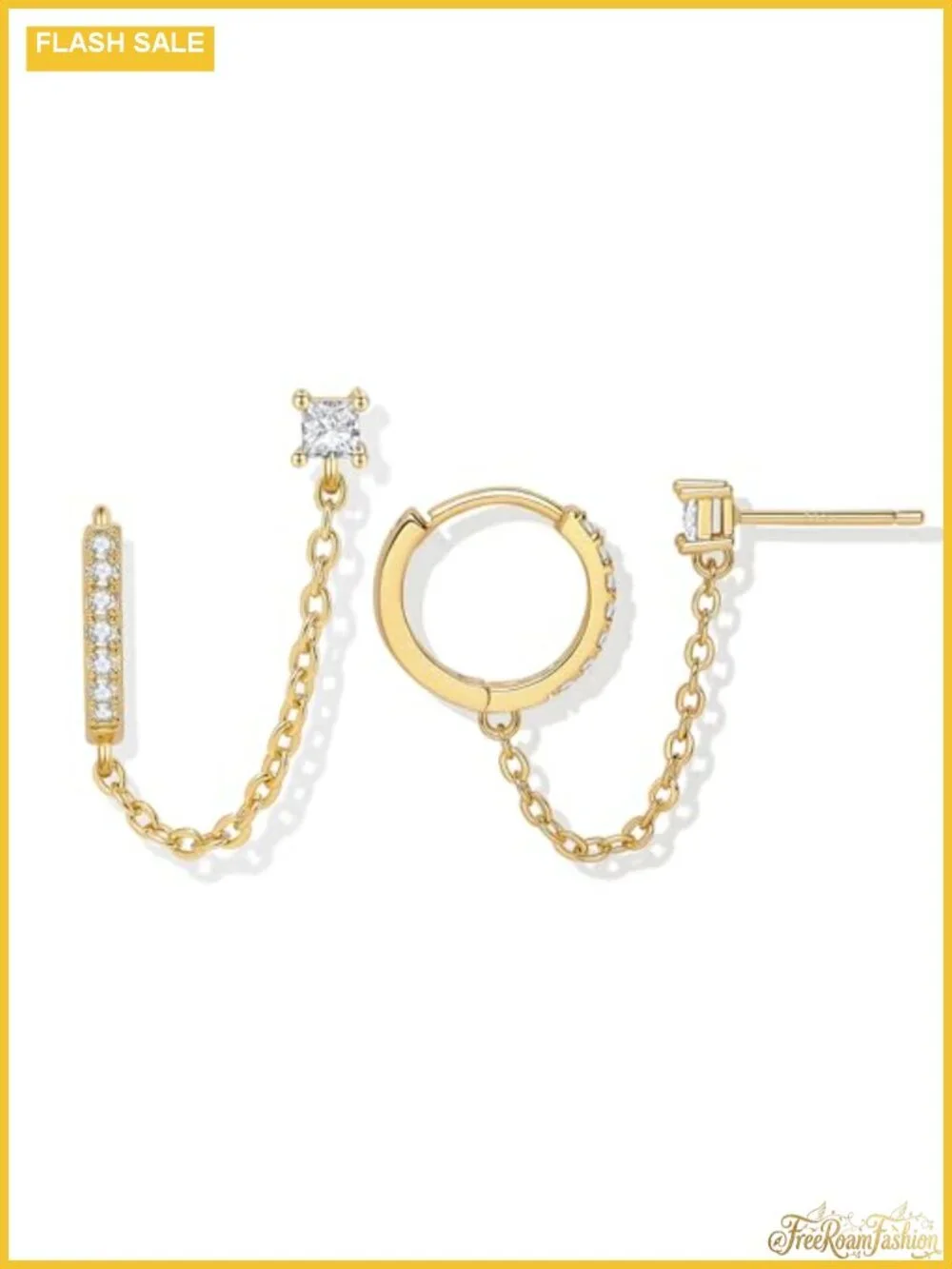 18K Gold Plated Sterling Silver Double Piercing Dangle Chain Huggie Hoop